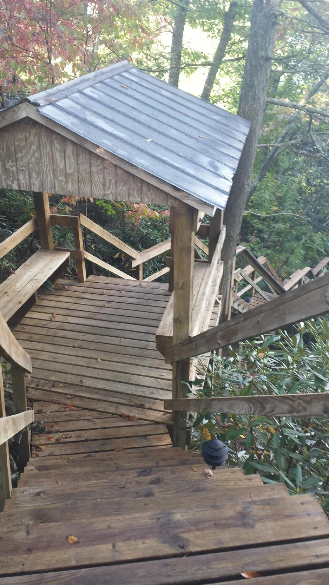 Metal roofed shelter over wooden steps on a wooded walkway — Skylight Repair & Installation work by our crew in Dallas City